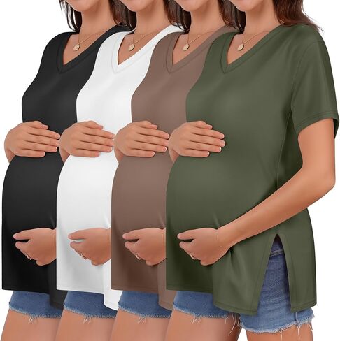 Huukeay 4 Pack Women's Maternity Shirt Loose T Shirt | Pregnancy Top, Summer, Tunic Shirt, Side Split, Oversized, V Neck, Dropped Shoulder, for Casual, Shopping, Vacation, Business in Saudi Arabia