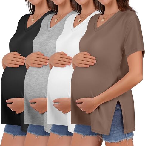 Huukeay 4 Pack Women's Maternity Shirts V Neck Short Sleeve Pregnancy Tops Blouses Split Side Loose Fit Pregnant Tunic Tee in Saudi Arabia