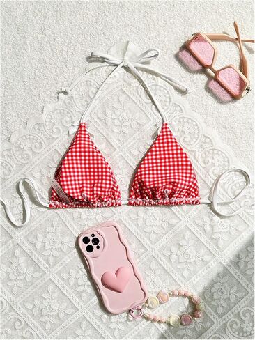 Milumia Women's Triangle Bikini Top Gingham Hlater Bow Knot String Swimsuit Bathing Suits Tops in Kuwait