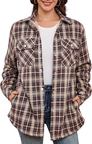 Women's Fleece Flannel Jacket Cotton Plaid Button Down Shirts Jacket Sherpa Lined Plaid Jackets for Women in Kuwait