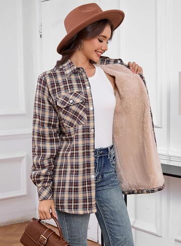 Women's Fleece Flannel Jacket Cotton Plaid Button Down Shirts Jacket Sherpa Lined Plaid Jackets for Women in Kuwait