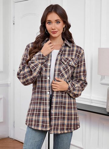 Women's Fleece Flannel Jacket Cotton Plaid Button Down Shirts Jacket Sherpa Lined Plaid Jackets for Women in Kuwait