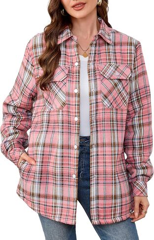 Women's Fleece Flannel Jacket Cotton Plaid Button Down Shirts Jacket Sherpa Lined Plaid Jackets for Women in Kuwait