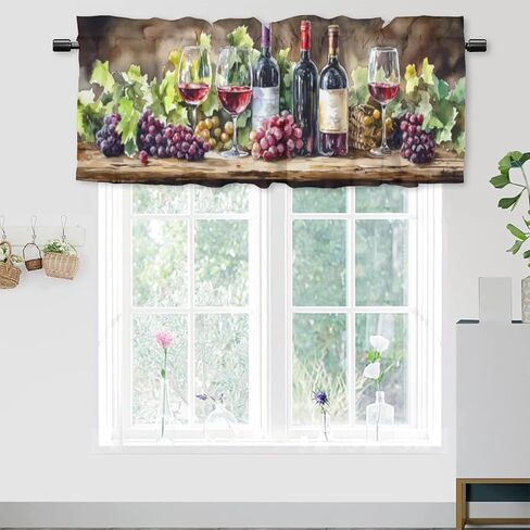 TEOTKOEXLA Rustic Red Wine, Kitchen Curtains Valance for Red Wine and Grapes Rod Pocket Valance Curtain 54x18inch(1Pcs) in Saudi Arabia