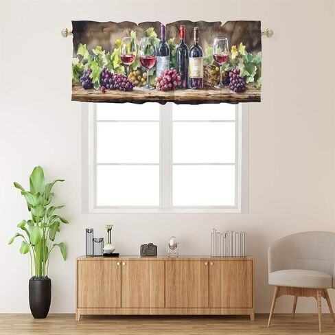 TEOTKOEXLA Rustic Red Wine, Kitchen Curtains Valance for Red Wine and Grapes Rod Pocket Valance Curtain 54x18inch(1Pcs) in Saudi Arabia