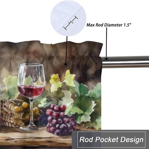 TEOTKOEXLA Rustic Red Wine, Kitchen Curtains Valance for Red Wine and Grapes Rod Pocket Valance Curtain 54x18inch(1Pcs) in Saudi Arabia