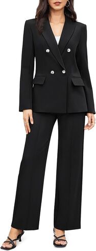 Women's 2 Piece Business Casual Outfits Double Breasted Blazer Dressy Wide Leg Work Pants Suits Set in Kuwait