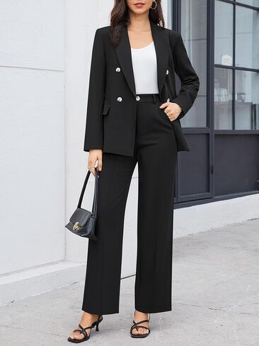 Women's 2 Piece Business Casual Outfits Double Breasted Blazer Dressy Wide Leg Work Pants Suits Set in Kuwait