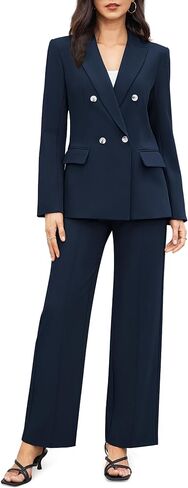 Women's 2 Piece Business Casual Outfits Double Breasted Blazer Dressy Wide Leg Work Pants Suits Set in Kuwait
