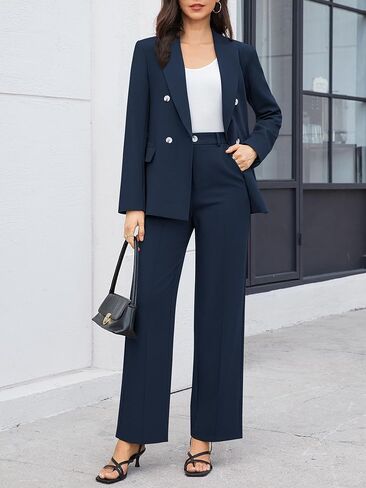 Women's 2 Piece Business Casual Outfits Double Breasted Blazer Dressy Wide Leg Work Pants Suits Set in Kuwait