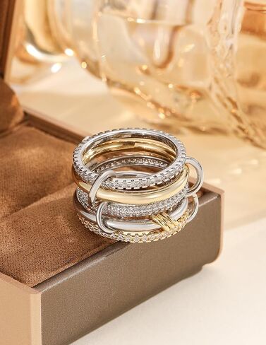 Statement Rings for Women, 18k Gold Plated Stackable Cubic Zirconia Rings, Silver Gold Multi Ring Mixed Metals Stackable Ring Set for Women Non Tarnish in Kuwait