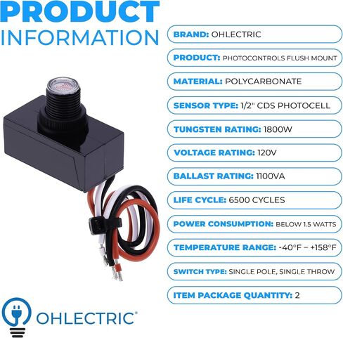 مستشعر كهروضوئي OhLectric - مفتاح كهروضوئي صغير بجهد 120 فولت - تصنيف تنجستن 600 وات - مدرج في قائمة UL ومقاوم للطقس - مستشعر خلية ضوئية من الغسق إلى الفجر للإضاءة الخارجية، عبوة من 2 - OL-45170 in Kuwait