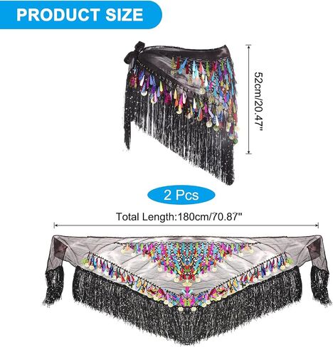 Meccanixity Belly Dance Hip وشاح مع ترتات الشرابات تتنورة المثلثات المثلثات مع العملات المعدنية لمهرجانات الموسيقية الأزياء (Orange ، حزمة 2) 2) in Kuwait