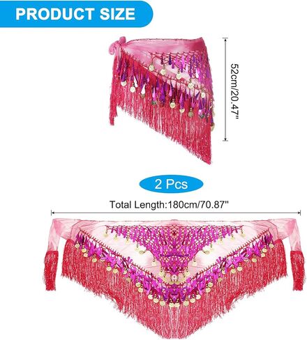 Meccanixity Belly Dance Hip وشاح مع ترتات الشرابات تتنورة المثلثات المثلثات مع العملات المعدنية لمهرجانات الموسيقية الأزياء (Orange ، حزمة 2) 2) in Kuwait