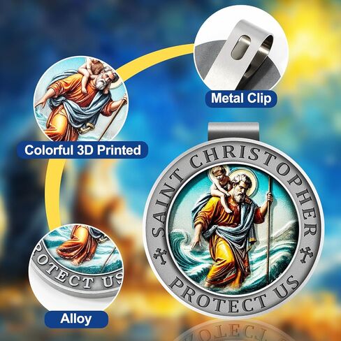 Saint Christopher Medal for Car, St Christopher Visor Clip, 3D UV Printed Colorful Bless Driving Safety Gift for Families, Friends, New Drivers (Ancient Tin) in Kuwait