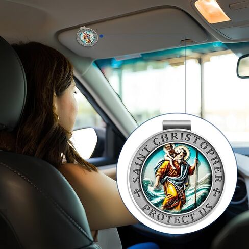 Saint Christopher Medal for Car, St Christopher Visor Clip, 3D UV Printed Colorful Bless Driving Safety Gift for Families, Friends, New Drivers (Ancient Tin) in Kuwait