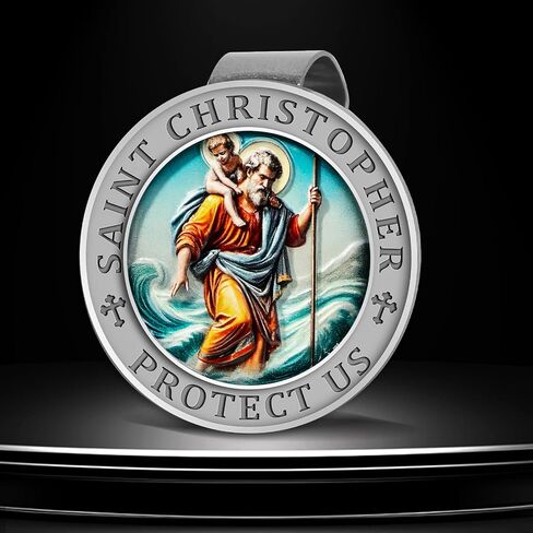 Saint Christopher Medal for Car, St Christopher Visor Clip, 3D UV Printed Colorful Bless Driving Safety Gift for Families, Friends, New Drivers (Ancient Tin) in Kuwait