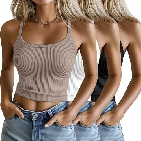 Ficerd 3 Pack Women's Spaghetti Strap Tops Libbbed Tank Scoop Neck Cotton Cric Camisole Slim Mitter Basic Olcypess Layer in Kuwait