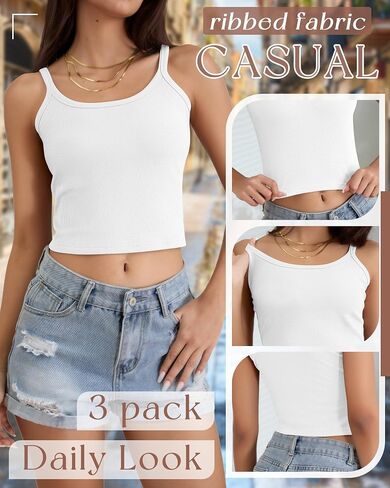Ficerd 3 Pack Women's Spaghetti Strap Tops Libbbed Tank Scoop Neck Cotton Cric Camisole Slim Mitter Basic Olcypess Layer in Kuwait