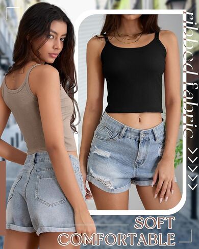 Ficerd 3 Pack Women's Spaghetti Strap Tops Libbbed Tank Scoop Neck Cotton Cric Camisole Slim Mitter Basic Olcypess Layer in Kuwait