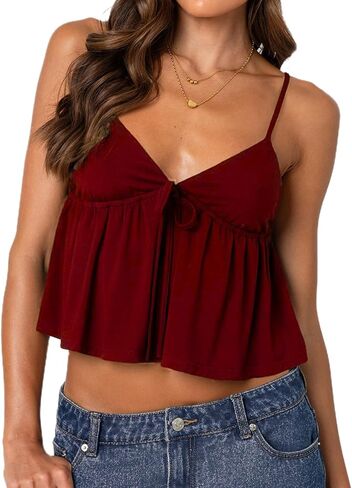 Women's Y2K Babydoll Cami Top Sleeveless V Neck Tie Front Crop Top Ruffle Hem Peplum Tank Shirt Going Out Camisole in Saudi Arabia