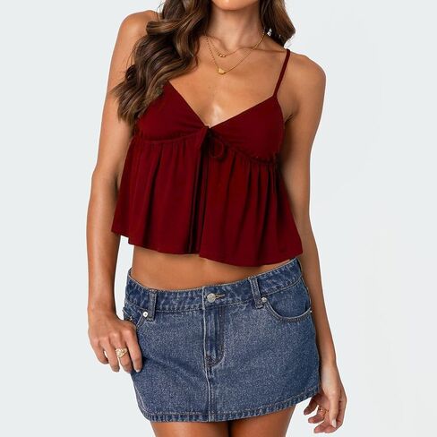 Women's Y2K Babydoll Cami Top Sleeveless V Neck Tie Front Crop Top Ruffle Hem Peplum Tank Shirt Going Out Camisole in Saudi Arabia