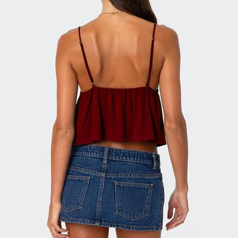 Women's Y2K Babydoll Cami Top Sleeveless V Neck Tie Front Crop Top Ruffle Hem Peplum Tank Shirt Going Out Camisole in Saudi Arabia