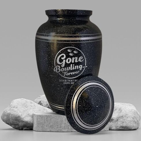 Personalized Human Cremation Urn for Adult Bowlers Ashes Men & Women - Engraved Aluminum Urn with Name & Funny Humorous Gone Bowling 2 Design - Vessel for Bowling Lovers Remains, Black with Silver Rim in Saudi Arabia