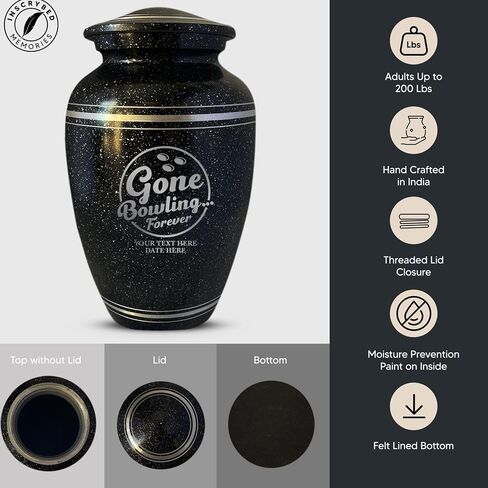 Personalized Human Cremation Urn for Adult Bowlers Ashes Men & Women - Engraved Aluminum Urn with Name & Funny Humorous Gone Bowling 2 Design - Vessel for Bowling Lovers Remains, Black with Silver Rim in Saudi Arabia
