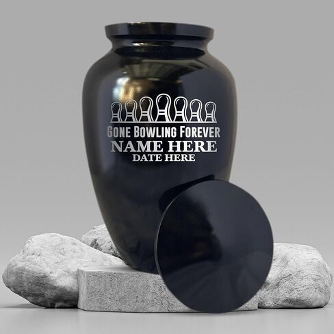 Personalized Human Cremation Urn for Adult Bowlers Ashes Men & Women - Engraved Aluminum Urn with Name & Funny Humorous Gone Bowling 2 Design - Vessel for Bowling Lovers Remains, Black with Silver Rim in Saudi Arabia