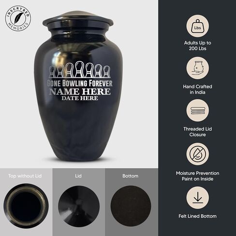 Personalized Human Cremation Urn for Adult Bowlers Ashes Men & Women - Engraved Aluminum Urn with Name & Funny Humorous Gone Bowling 2 Design - Vessel for Bowling Lovers Remains, Black with Silver Rim in Saudi Arabia