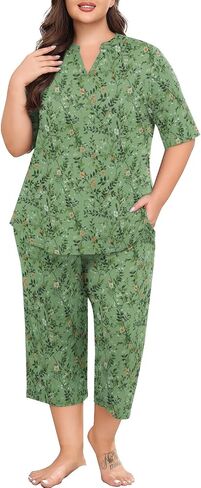 Lastshe Women's Plus Size Pajama set 2 قطعة قصيرة الأكمام V سراويل Capri Capri in Kuwait