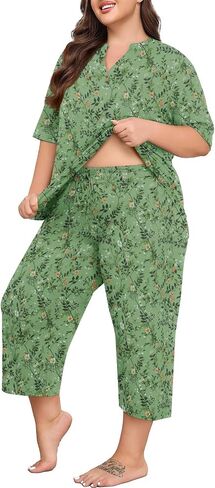 Lastshe Women's Plus Size Pajama set 2 قطعة قصيرة الأكمام V سراويل Capri Capri in Kuwait