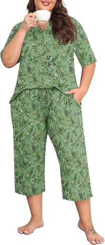 Lastshe Women's Plus Size Pajama set 2 قطعة قصيرة الأكمام V سراويل Capri Capri in Kuwait