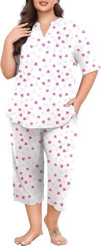 Lastshe Women's Plus Size Pajama set 2 قطعة قصيرة الأكمام V سراويل Capri Capri in Kuwait