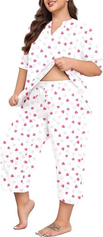 Lastshe Women's Plus Size Pajama set 2 قطعة قصيرة الأكمام V سراويل Capri Capri in Kuwait