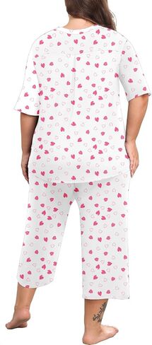 Lastshe Women's Plus Size Pajama set 2 قطعة قصيرة الأكمام V سراويل Capri Capri in Kuwait