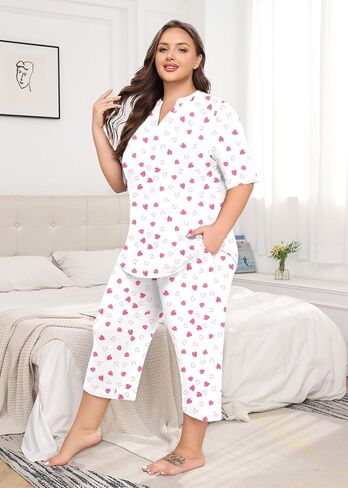 Lastshe Women's Plus Size Pajama set 2 قطعة قصيرة الأكمام V سراويل Capri Capri in Kuwait