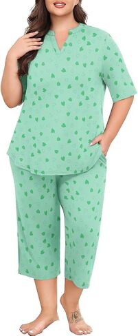 Lastshe Women's Plus Size Pajama set 2 قطعة قصيرة الأكمام V سراويل Capri Capri in Kuwait