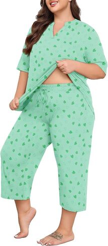 Lastshe Women's Plus Size Pajama set 2 قطعة قصيرة الأكمام V سراويل Capri Capri in Kuwait