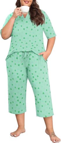 Lastshe Women's Plus Size Pajama set 2 قطعة قصيرة الأكمام V سراويل Capri Capri in Kuwait