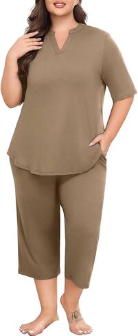 Lastshe Women's Plus Size Pajama Set 2 Piece Short Sleeve V Neck Capri Pants Lounge Knit Soft with Pockets Sleepwear in Kuwait