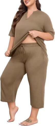 Lastshe Women's Plus Size Pajama Set 2 Piece Short Sleeve V Neck Capri Pants Lounge Knit Soft with Pockets Sleepwear in Kuwait