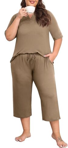 Lastshe Women's Plus Size Pajama Set 2 Piece Short Sleeve V Neck Capri Pants Lounge Knit Soft with Pockets Sleepwear in Kuwait
