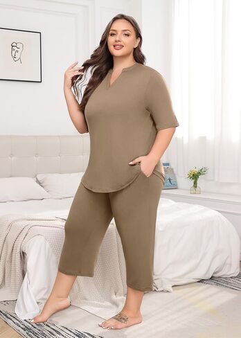 Lastshe Women's Plus Size Pajama Set 2 Piece Short Sleeve V Neck Capri Pants Lounge Knit Soft with Pockets Sleepwear in Kuwait