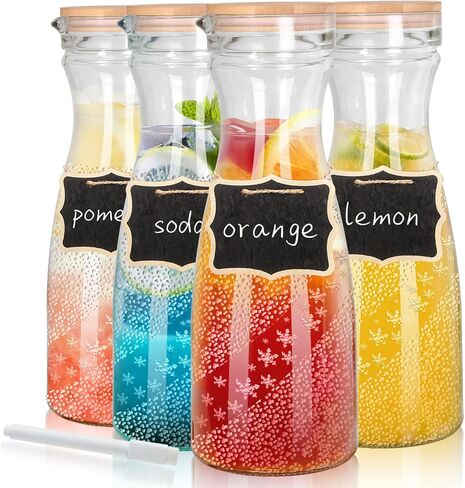 مجموعة من 2 إبريق زجاجي مع غطاءين، مجموعة إبريق مشروبات سعة 40 أونصة لبار الميموزا، إبريق ماء سعة 1 لتر، إبريق عصير للغداء والماء البارد والحليب والشاي المثلج وعصير الليمون - علامتان سبورة خشبية in Kuwait