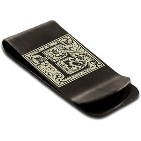 Stainless Steel Letter E Initial Floral Box Monogram Engraved Money Clip Credit Card Holder in Saudi Arabia