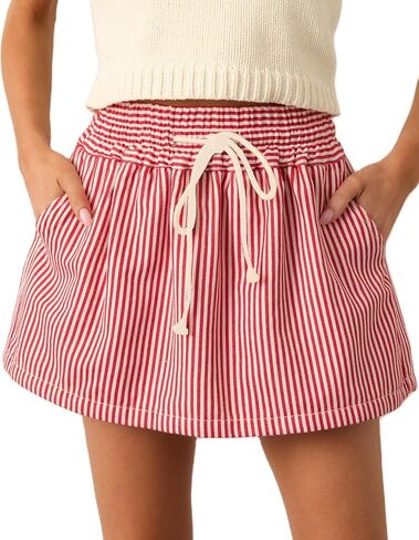 Mxiqqpltky Women Y2K Striped Mini Skirts Cute Drawstring Elastic High Waist Skorts Summer Wide Leg Short Skirts with Pockets in Kuwait