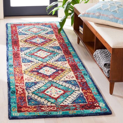 SAFAVIEH Aspen Collection Runner Rug - 2'3" x 7', Blue & Rust, Handmade Boho Tribal Wool, Ideal for High Traffic Areas in Living Room, Bedroom (APN525M) in Saudi Arabia