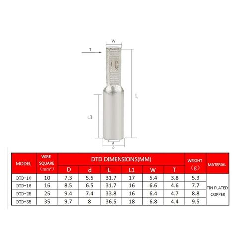 5 PCS DTD-10/16/25/35/50mm2 air Switch Terminal tinned Copper C45 Circuit Breaker Connector Terminal (Color : DTD-50, Size : 5PCS) in Kuwait